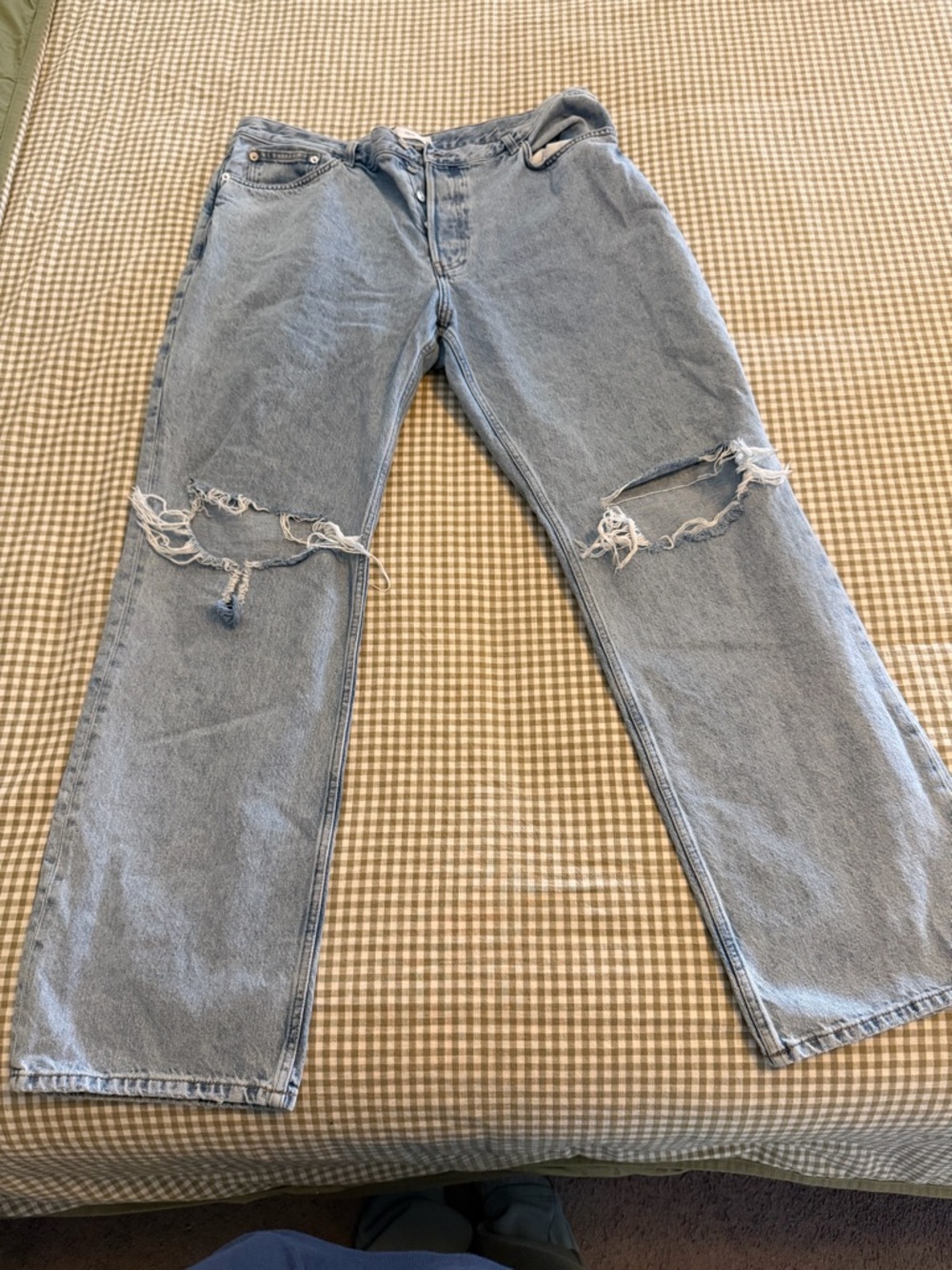 Mango Light Blue Distressed Straight-Leg Jeans